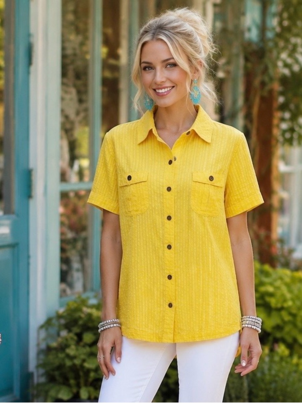 Christopher & Banks Yellow Textured Cotton Tie Back Shirt Large